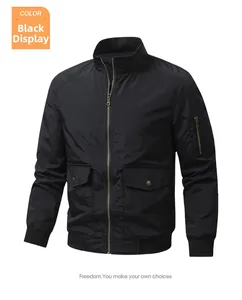 Detail of a black bomber jacket showing arm utility pocket and ribbed sleeve cuffs