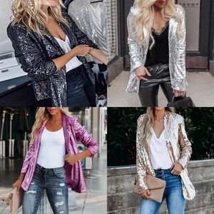 Women's stylish sequin blazer shown in black, silver, pink, and gold in a street view layout