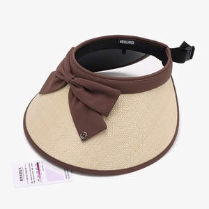 Women's UV-protection empty top straw hat with wide brim and adjustable bow strap