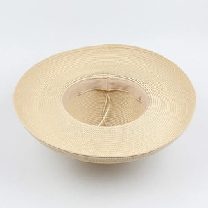 Foldable straw sun hat for women with large brim and adjustable interior strap