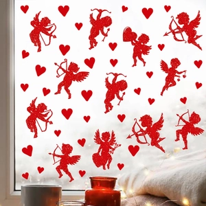 Valentine's Day Red Heart Cupid Wall Stickers Glitter PVC Romantic Window Decals For Home Bedroom Party Decor