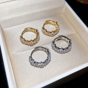 14K gold plated hoop earrings with three rows of micro pearls and S925 sterling silver stamp