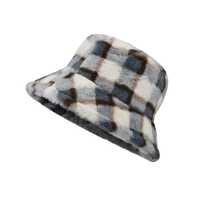 Plaid Plush Bucket Hat Faux Fur Winter Warm Soft Outdoor Casual Vintage Fisherman Cap For Women Adjustable