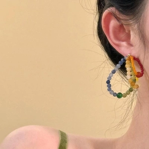 Rainbow beaded hoop earrings for women featuring colorful multi-layer bohemian style beads