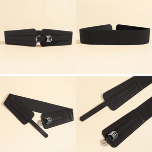 Detail of black elastic wide waist belt with PU leather finish and gold metal buckles