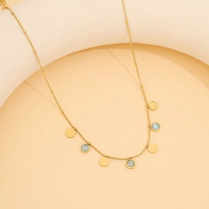 Collier élégant en acier inoxydable doré avec pendentifs œil de chat bleu et disques