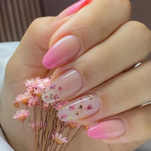 Press On Nägel Rosa Farbverlauf Ombre Mit Getrockneten Blumen Und Goldfolie Lange Mandelform Künstliche Nagelspitzen Für Damen