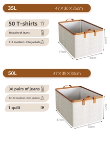 Detailed size chart of foldable steel frame storage boxes with 35L and 50L capacity