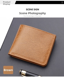 Close-up of brown litchi pattern leather wallet with premium stitching and business pen