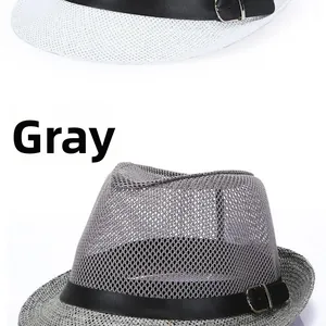 Close-up of grey breathable mesh fedora with a black leather band and metal buckle