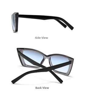 Side and back view details of retro square sunglasses with light blue gradient lenses