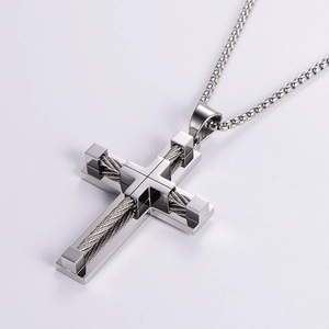 Polished stainless steel cross pendant with woven steel wire inlay on a box chain
