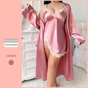 Pyjama Femme Grande Taille Imitation Satin Satin Nuisette Et Peignoir Bordure Dentelle Vêtements De Nuit