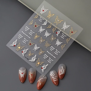 3D embossed gold butterfly nail stickers with red rhinestones and inspiring quotes