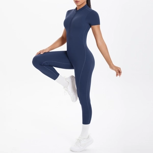 Short sleeve navy yoga bodysuit with front zipper and contrast stitch athletic fit