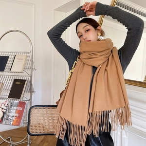 Elegant camel faux cashmere scarf with tassels for warmth and stylish winter layering