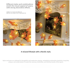 Detail of warm LED maple leaf fairy lights with realistic orange texture for home decor