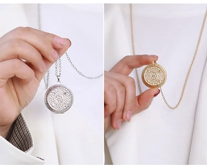 Polished round locket necklaces in gold and silver finish showing embossed patterns