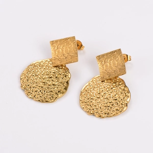 Golden textured geometric square and round stud earrings set on a white background