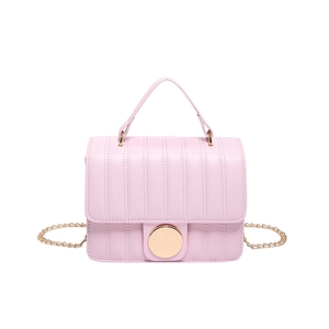 Pink quilted PU leather crossbody bag with vertical stitching and gold round buckle clasp