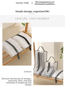 Three sizes of mesh shoe storage bags with black zippers for travel and home use