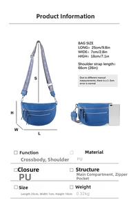 Detail view of blue half-moon crossbody bag dimensions and internal structure details