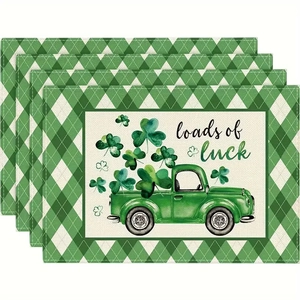 Set of 4 St. Patrick's Day linen placemats with green truck clover design and luck text