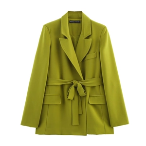 Olive green blazer with belted waist and notched lapel, flat lay ecommerce display