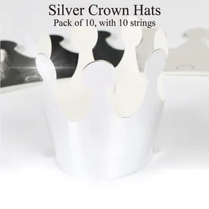 Silver paper crown party hats set of 10 with elastic strings for birthday celebrations