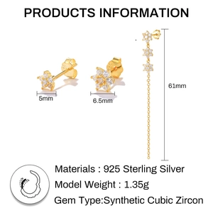 Detail showing S925 silver gold floral earrings with dimensions and zircon material specs