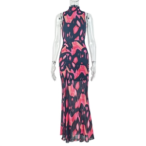 Detail of high neck sleeveless dress with pink abstract fire print and side ruching texture