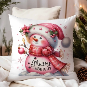 Fodera per cuscino natalizio con pupazzo di neve rosa e scritta Merry & Bright