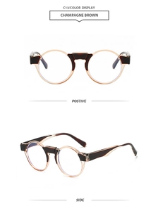 Front and side view of round champagne brown sunglasses with lightweight vintage frames