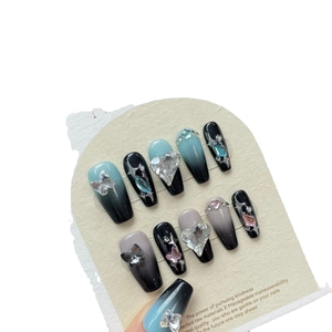 Luxury handmade press-on nails with blue-black gradient, 3D butterfly and heart jewels