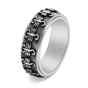 Vintage stainless steel spinning ring with embossed scorpion pattern and punk finish