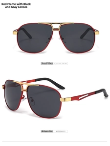Front and 45-degree views of red frame aviator sunglasses with black polarized lenses