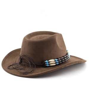 Close-up of brown suede cowboy hat with turquoise bead band and intricate braided cord