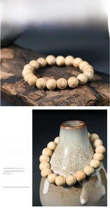 Detail of high-density natural wood beads with rich oil grain and Zen aesthetic