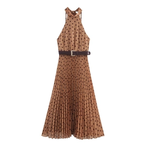 Vintage Bruin Stippen Geplooide Midi Jurk Voor Vrouwen Sexy Halternek Mouwloos A-Lijn Chiffon Jurk Met Riem