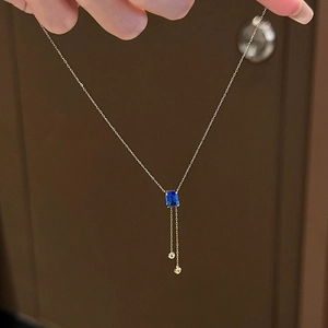 Collier À Pendentif Pierre Bleue Rectangulaire Alliage Plaqué Or Gland En Y Chaîne De Clavicule Bijoux Pour Femmes