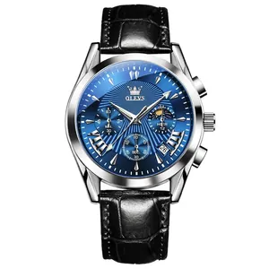 Men's business quartz watch with blue sunray dial, stainless steel case, and black leather strap