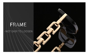Detail of sturdy gold chain temples on black square sunglasses with reinforced frame