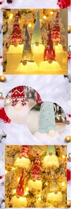 Close-up of glowing LED Christmas gnomes with knit reindeer hats and white beards