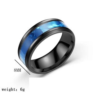 Detailed view of 8mm black titanium steel ring with blue inlay and 6g weight info