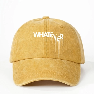 Adjustable ginger yellow washed cotton baseball cap with white melting Whatever print