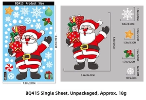 Detailed sheet of Christmas static window stickers featuring Santa Claus and snowflakes