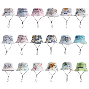 Kids Bucket Hat Sun Protection Adjustable Windproof Chin Strap Cartoon Animal Dinosaur Print Summer Outdoor Toddler Polyester