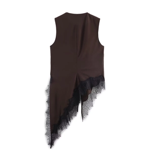 Deep brown sleeveless top with asymmetric black lace trim and back view details