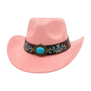 Detail of pink western cowboy hat featuring floral embroidery and turquoise centerpiece