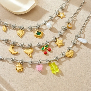 Stainless Steel Bracelet With Multi Pendant Heart Bear Cherry Star Moon Gold Plated Korean Fashion Sweet Style Women